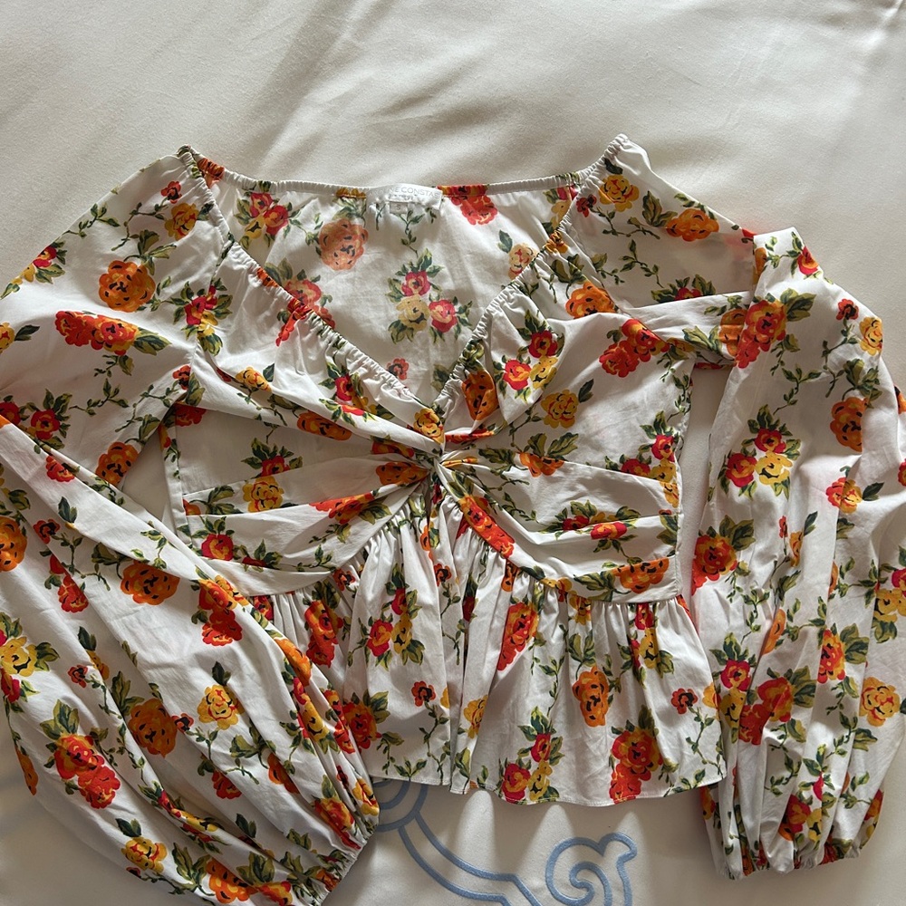 Caroline Constas Floral Blouse with Red and Orange Accents